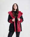 Nikki Jones Reversible hooded faux fur coat with horizontal jacquard stitch 8130-376 F25, Cranberry, Sapphire/Black, Storm Grey