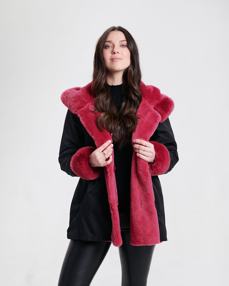 Nikki Jones Reversible hooded faux fur coat with horizontal jacquard stitch 8130-376 F25, Cranberry, Sapphire/Black, Storm Grey
