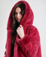 Nikki Jones Reversible hooded faux fur coat with horizontal jacquard stitch 8130-376 F25, Cranberry, Sapphire/Black, Storm Grey