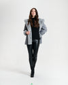 Nikki Jones Reversible hooded faux fur coat with horizontal jacquard stitch 8130-376 F25, Cranberry, Sapphire/Black, Storm Grey