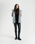 Nikki Jones Reversible hooded faux fur coat with horizontal jacquard stitch 8130-376 F25, Cranberry, Sapphire/Black, Storm Grey