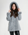 Nikki Jones Reversible hooded faux fur coat with horizontal jacquard stitch 8130-376 F25, Cranberry, Sapphire/Black, Storm Grey