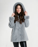 Nikki Jones Reversible hooded faux fur coat with horizontal jacquard stitch 8130-376 F25, Cranberry, Sapphire/Black, Storm Grey