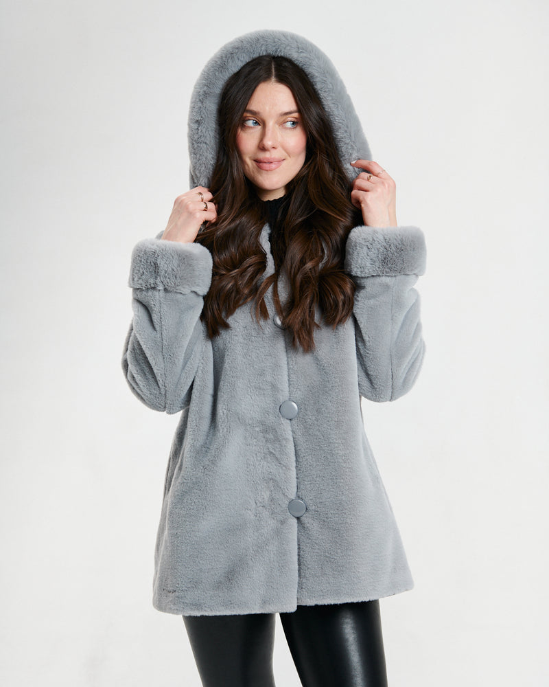Nikki Jones Reversible hooded faux fur coat with horizontal jacquard stitch 8130-376 F25, Cranberry, Sapphire/Black, Storm Grey