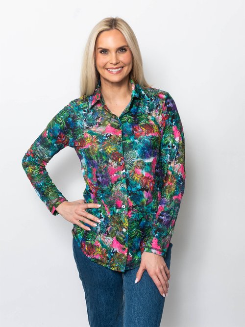 Snoskins Printed Crinkle Mesh Button Shirt 89379-F25