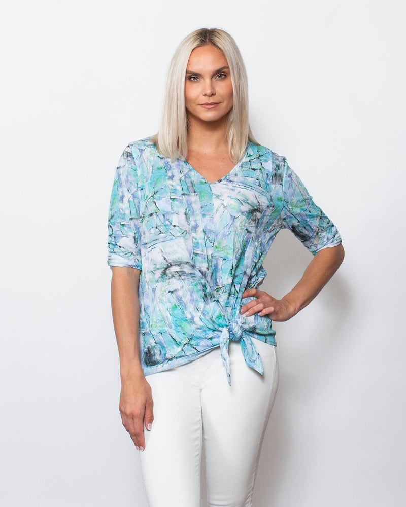 SnoSkins Printed Crinkle Mesh V-Neck with front tie and rouched elbow sleeves 89564-24S