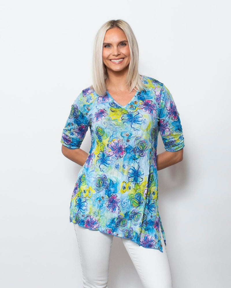 SnoSkins Printed Crinkle Mesh V-Neck with Assymetric hem 89595-24S