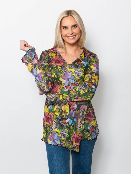 Snoskins Printed Crinkle Mesh V-Neck top 89532-F25