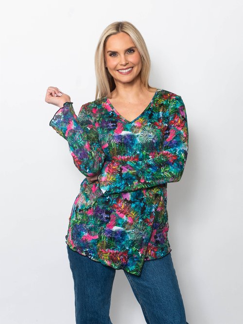 Snoskins Printed Crinkle Mesh V-Neck top 89532-F25