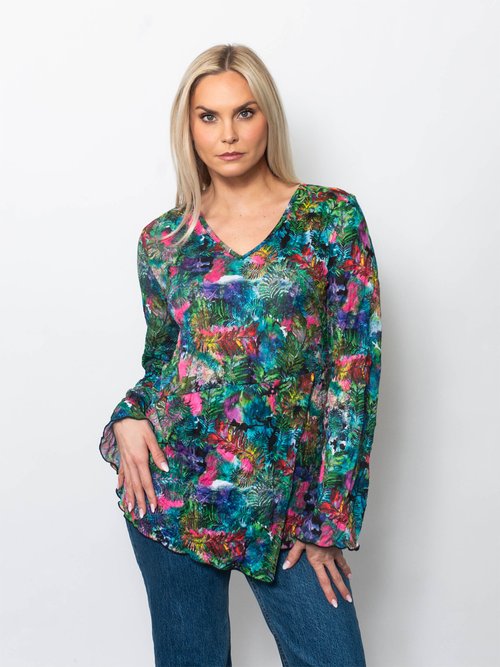 Snoskins Printed Crinkle Mesh V-Neck top 89532-F25
