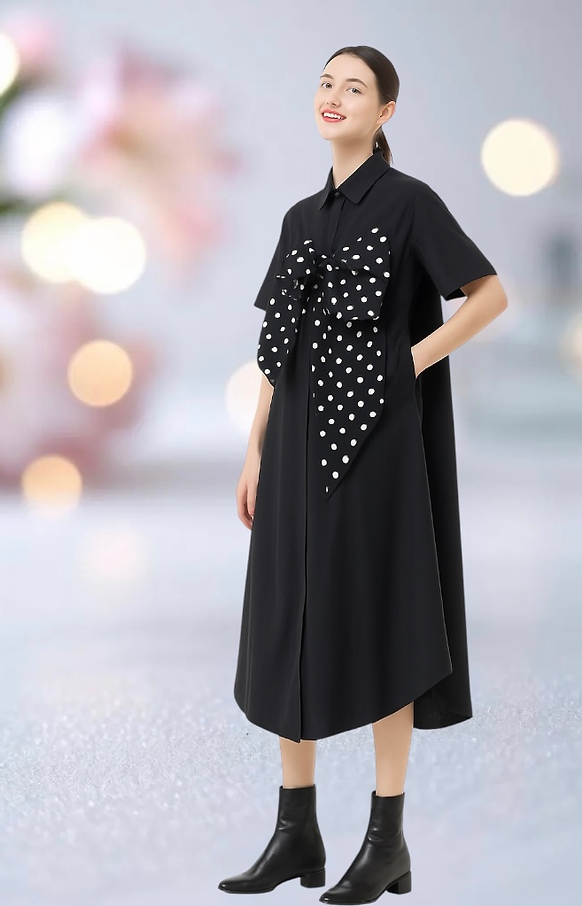 Simply Vanite Dress Black Dress shirt with Bow, White Dress with Bow