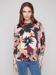 Charlie B Printed Crew Neck Sweater With Sleeve Zippers C2574RR 974A F25