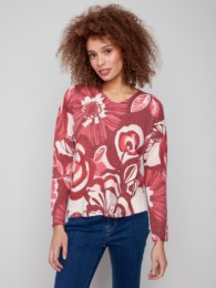 Charlie B Printed Plush Knit V-Neck Sweater C2581RR 018C F25