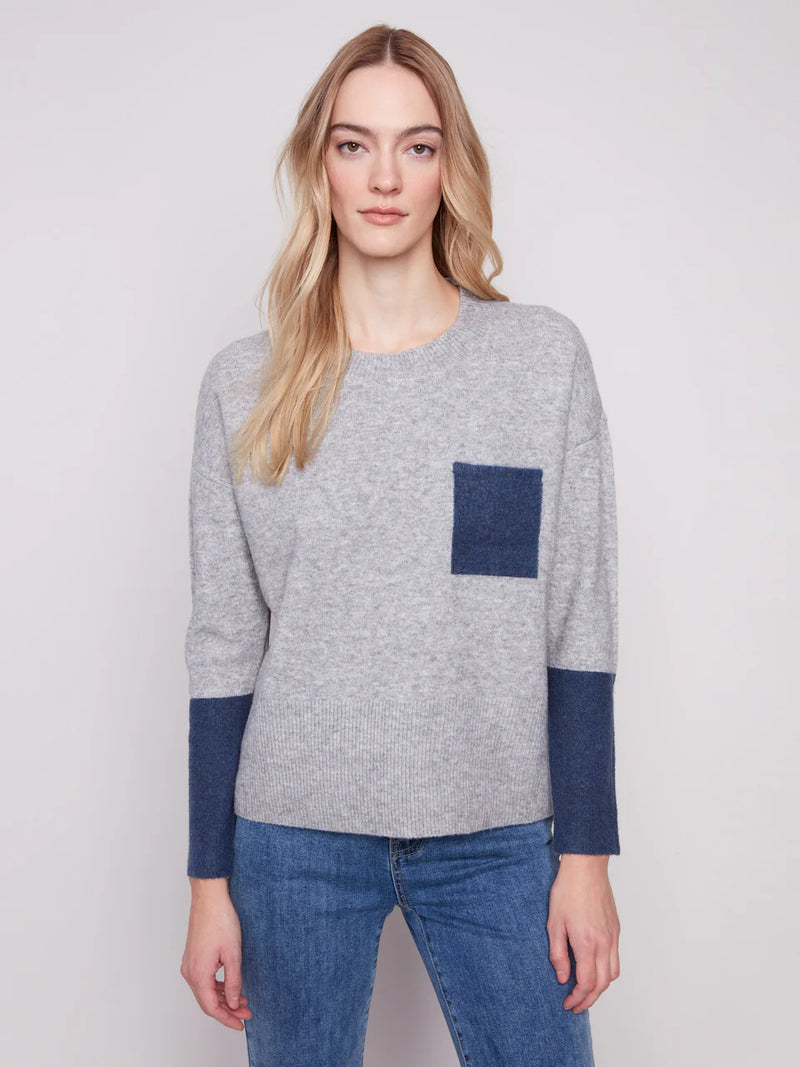 Charlie B Crew Neck Sweater With Contrast Details - Heather Grey C2928