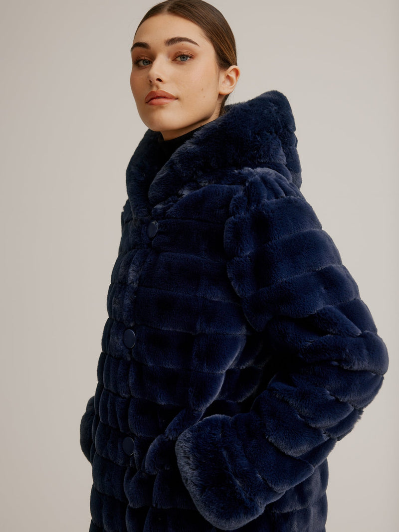 Nikki Jones Faux Fur Coat with Fixed Hood and Button Front K4129R-164 Navy