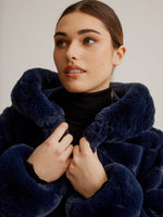 Nikki Jones Faux Fur Coat with Fixed Hood and Button Front K4129R-164 Navy