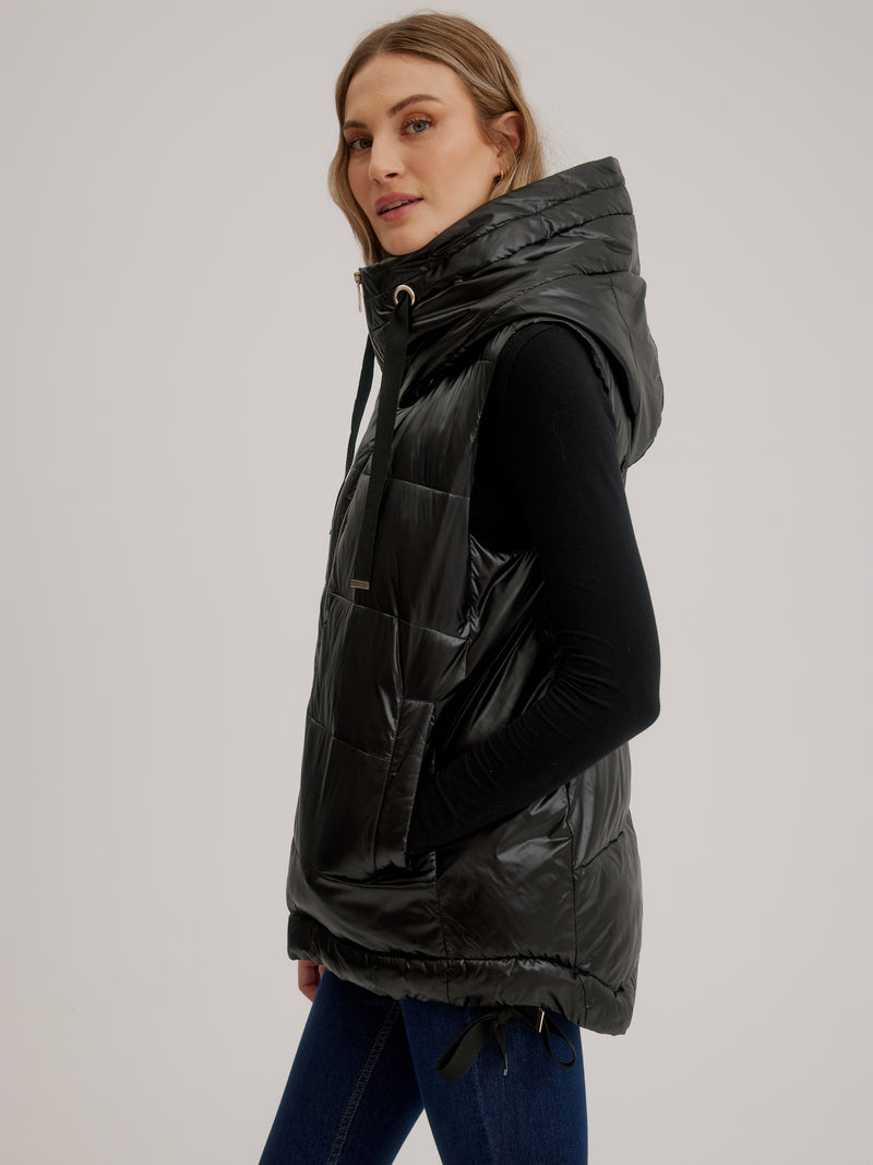 Nikki Jones Quilted High-Low Vest with Grosgrain Trims and Oversized Fixed Hood K5340RO-213