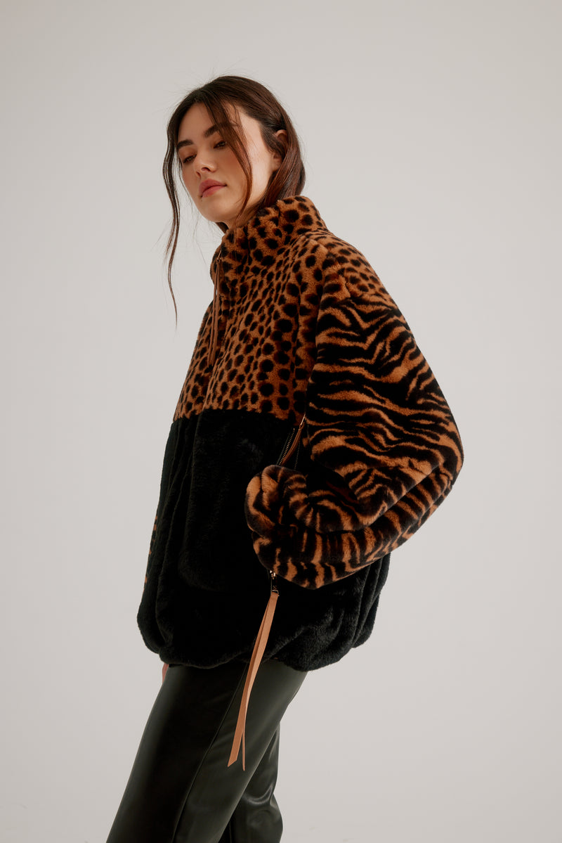 Nikki Jones Jersey Lined Multi Print Faux Fur Jacket with Balloon Sleeves K5506RO-825