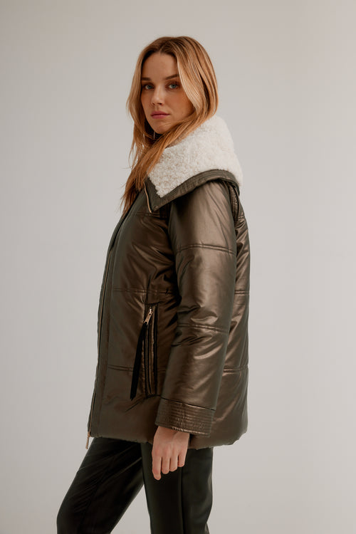 Nikki Jones Faux Leather Multi Stitch Quilted Moto Jacket with Berber Lined Oversized Collar K5568RO-815
