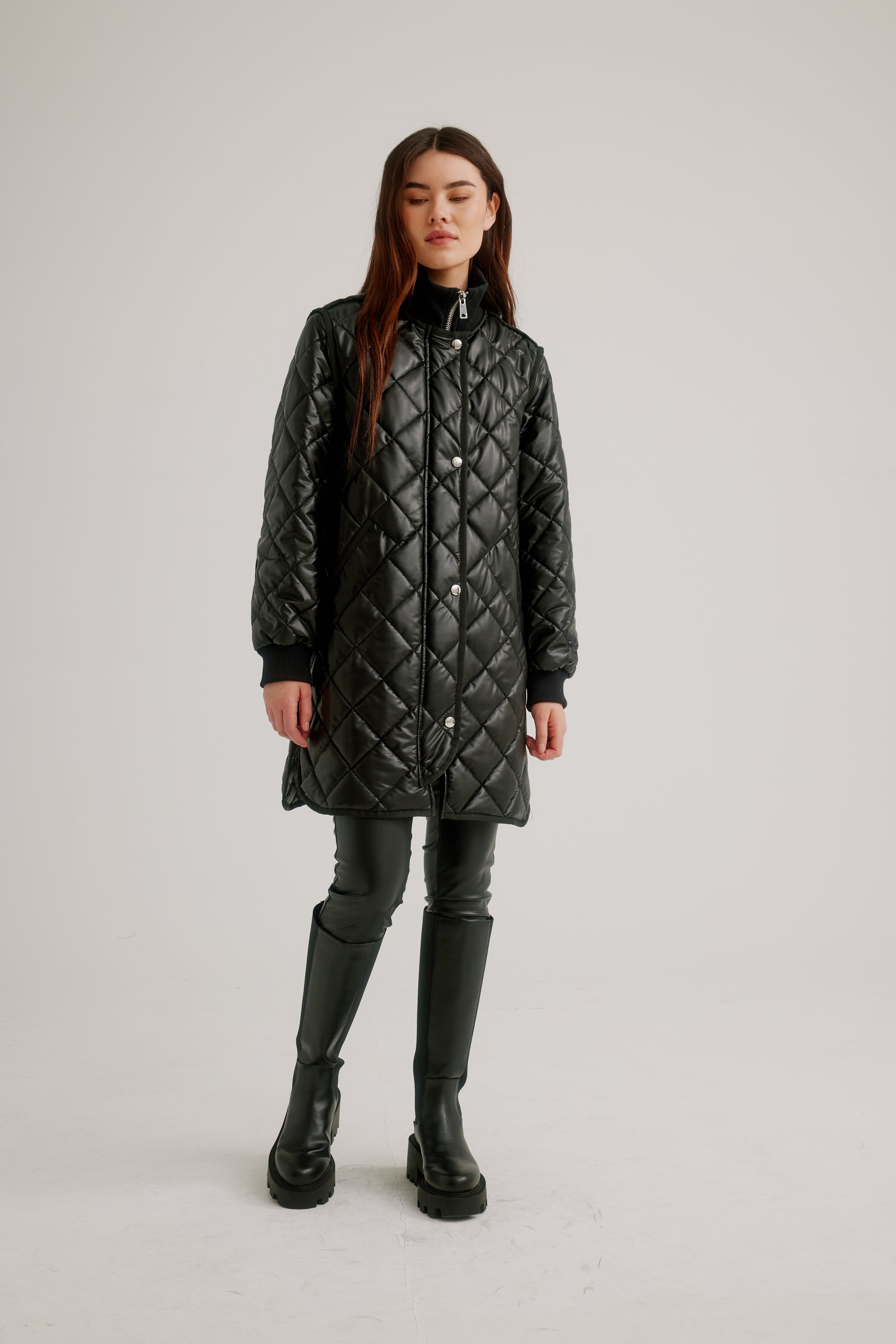 Women's mid-length black leather biker jacket IKKS