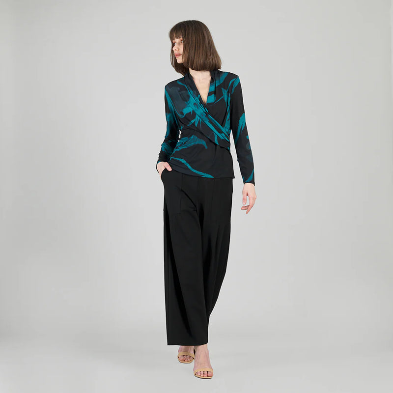 Clara Sun Woo V-Neck Draped Pleat Top - Floral Eclipse T414P4