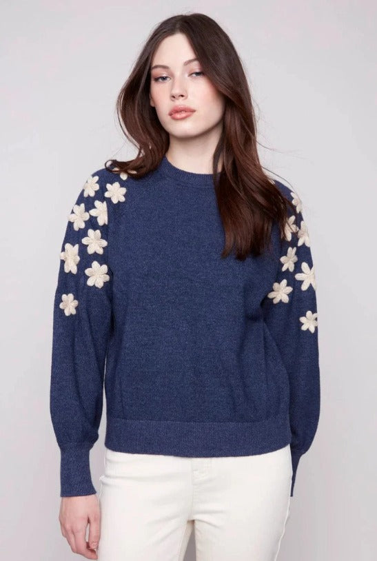 Charlie B Raglan Crew Neck Sweater With Embroidered Flowers  C2850E