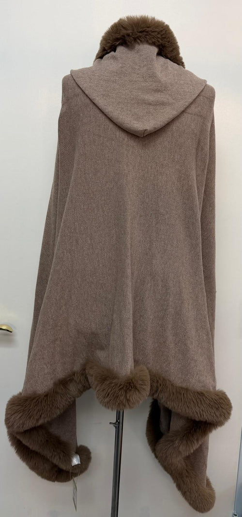 La Fiorentina Faux Fur Trim Shawl with Hood One Size