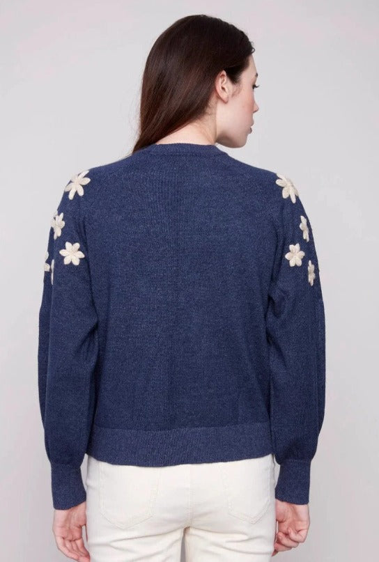 Charlie B Raglan Crew Neck Sweater With Embroidered Flowers  C2850E