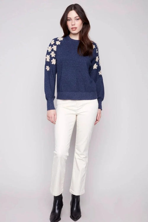 Charlie B Raglan Crew Neck Sweater With Embroidered Flowers  C2850E