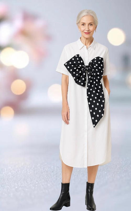 Simply Vanite Dress Black Dress shirt with Bow, White Dress with Bow
