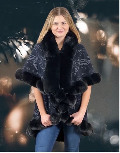 Ellyndale Faux fur kimono Cape with Butterfly jacquard pattern EP-220301