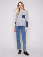 Charlie B Crew Neck Sweater With Contrast Details - Heather Grey C2928