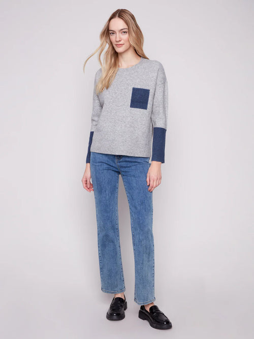Charlie B Crew Neck Sweater With Contrast Details - Heather Grey C2928