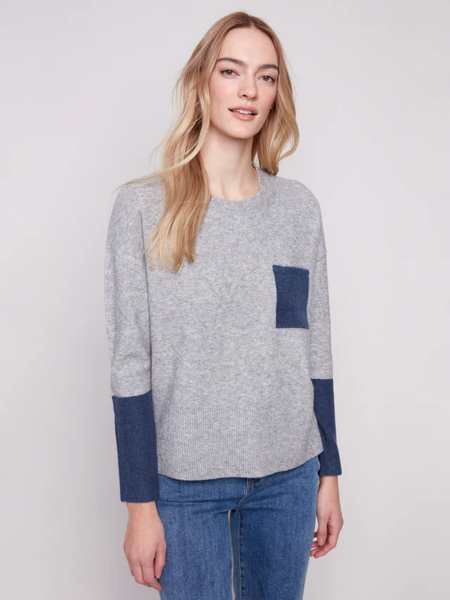 Charlie B Crew Neck Sweater With Contrast Details - Heather Grey C2928