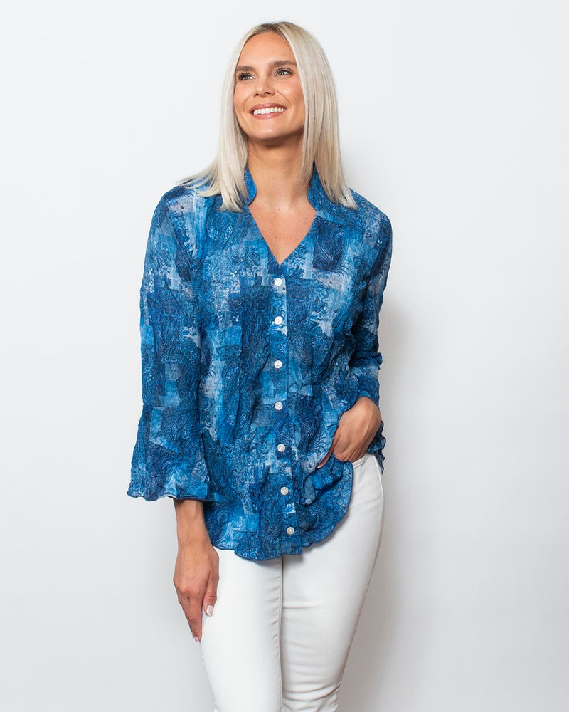 SnoSkins Printed Crinkle Mesh sweetheart Button Blouse 89517-24S