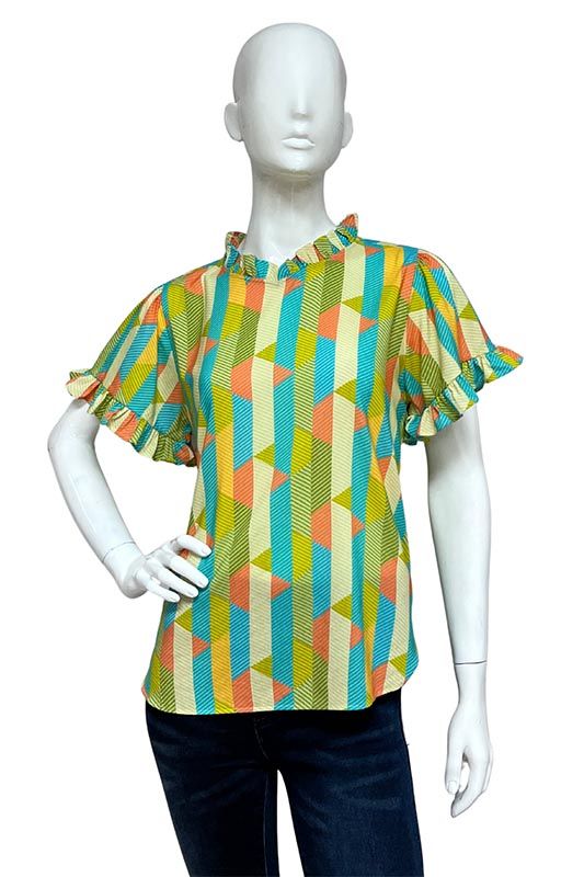 Lior Short Sleeves Blouse Multi Stripe Lime Turquoise Style LS36-2