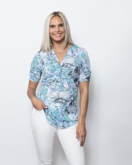 SnoSkins Printed Crinkle Mesh V-Neck with Assymetric hem 89595-24S