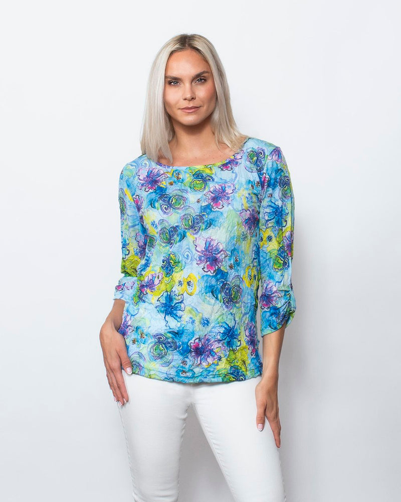 SnoSkins Printed Crinkle Mesh V-Neck with Assymetric hem 89595-24S