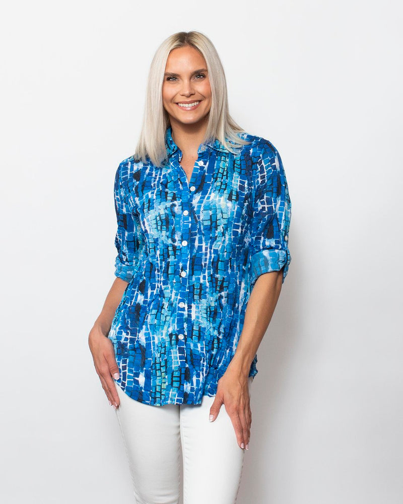 SnoSkins Printed Crinkle Mesh V-Neck with Assymetric hem 89595-24S