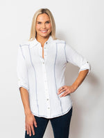 Snoskins Seersucker V-Neck Body Skimming with button Detail Top 77585-25S Matching Thread