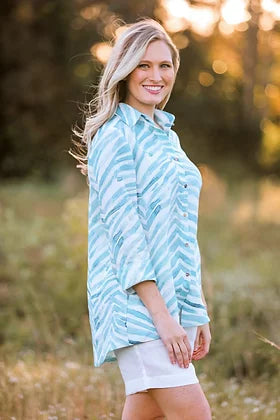 I-Linen Top Classic Button Down Shirt Turquoise Zebra