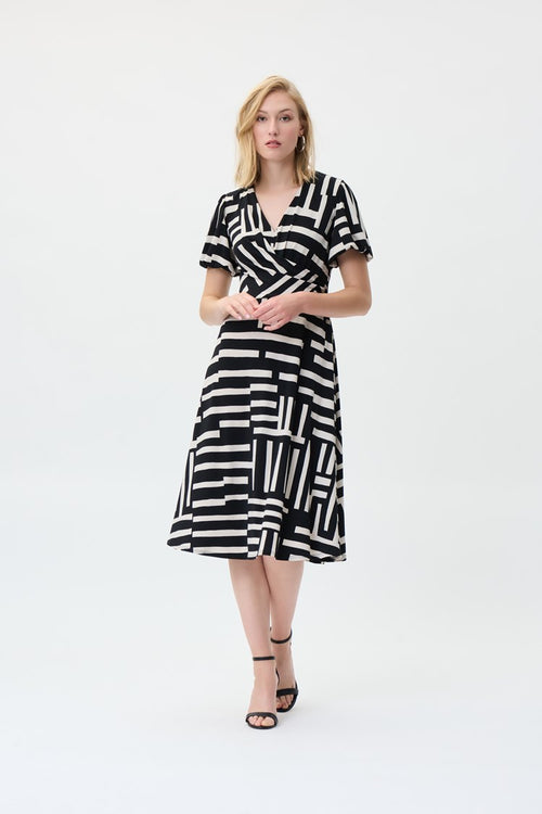 Joseph Ribkoff Puff Geometric Print Fit and Flare Dress Style 231062 Black/Beige
