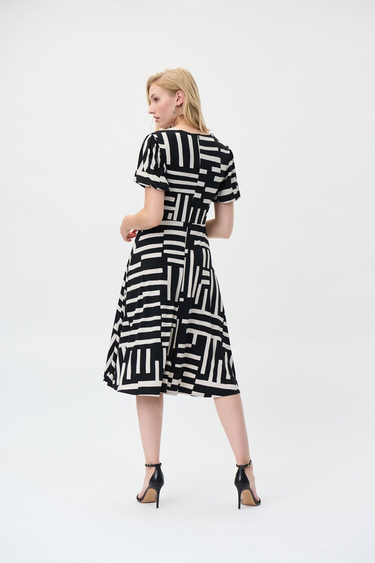 Joseph Ribkoff Puff Geometric Print Fit and Flare Dress Style 231062 Black/Beige