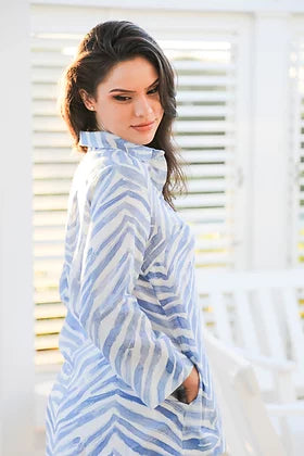 I-Linen Top Classic Button Down Shirt Blue Zebra SKU: K18121