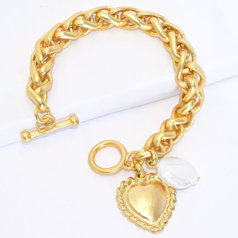 Karine Sultan Braided Link Bracelet With Heart Charm & Flat Pearl B72706 Gold