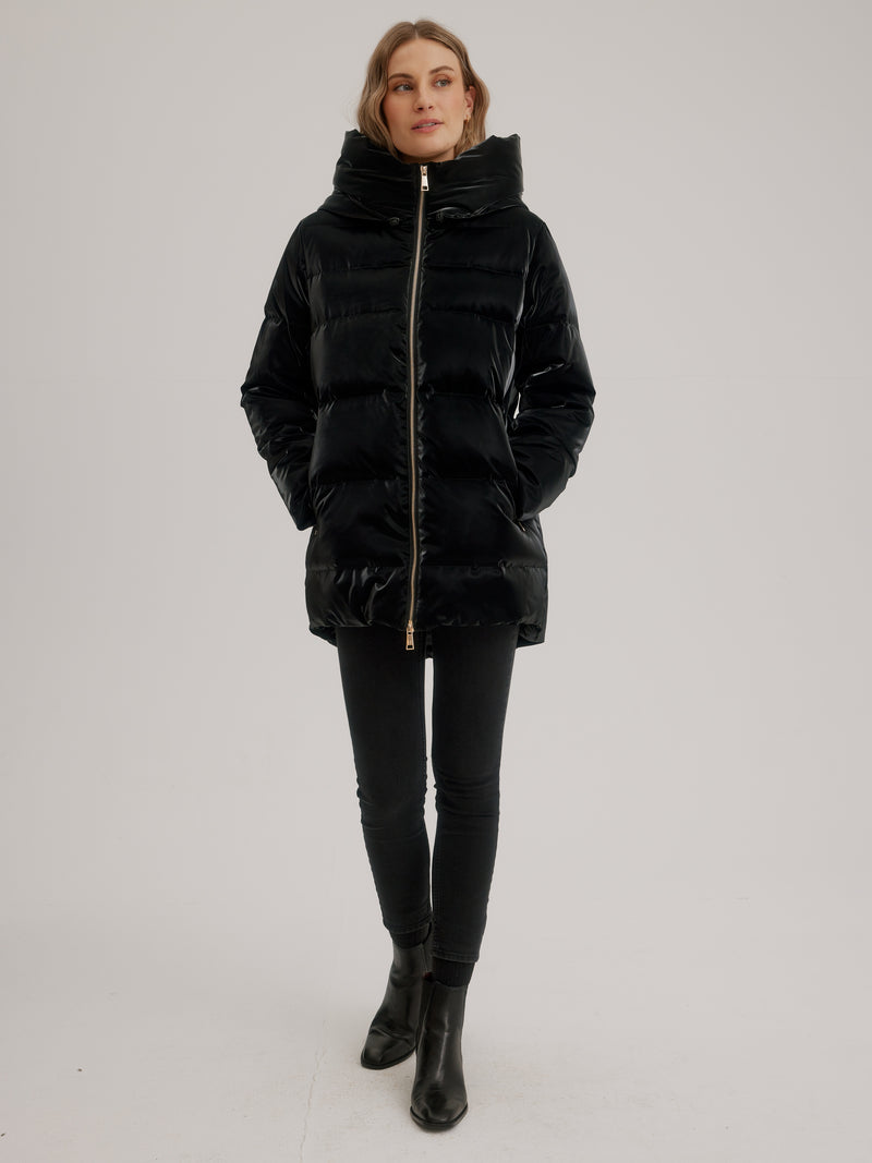 Nikki Jones Sleek Winter Parka W/Oversized Hood, Black, Blanc K5368RK-408