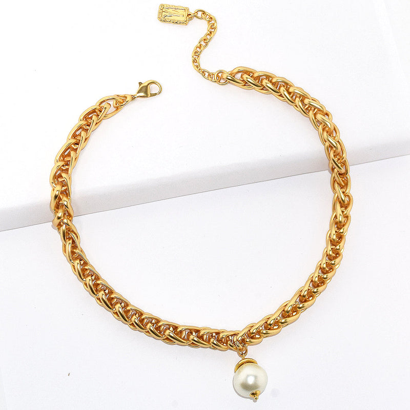 Karine Sultan Braided link short chain with pearl drop pendant N71686