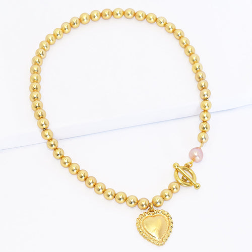 Karine Sultan Ball Chain Necklace With Heart Pendant And Pink Pearl Accent N72700