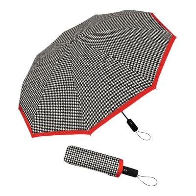 Raincaper Folding Travel Umbrella - Crimson/Black & White Houndstooth