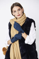 Faux Suede Gloves With Faux Fur Pom- NAVY